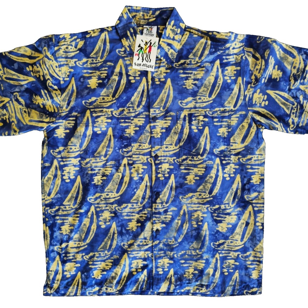 Y2K Rum Reggae Zephyr Batik Hawaiian Aloha Two-Pocket Shirt SZ L Sailboats NWTag
